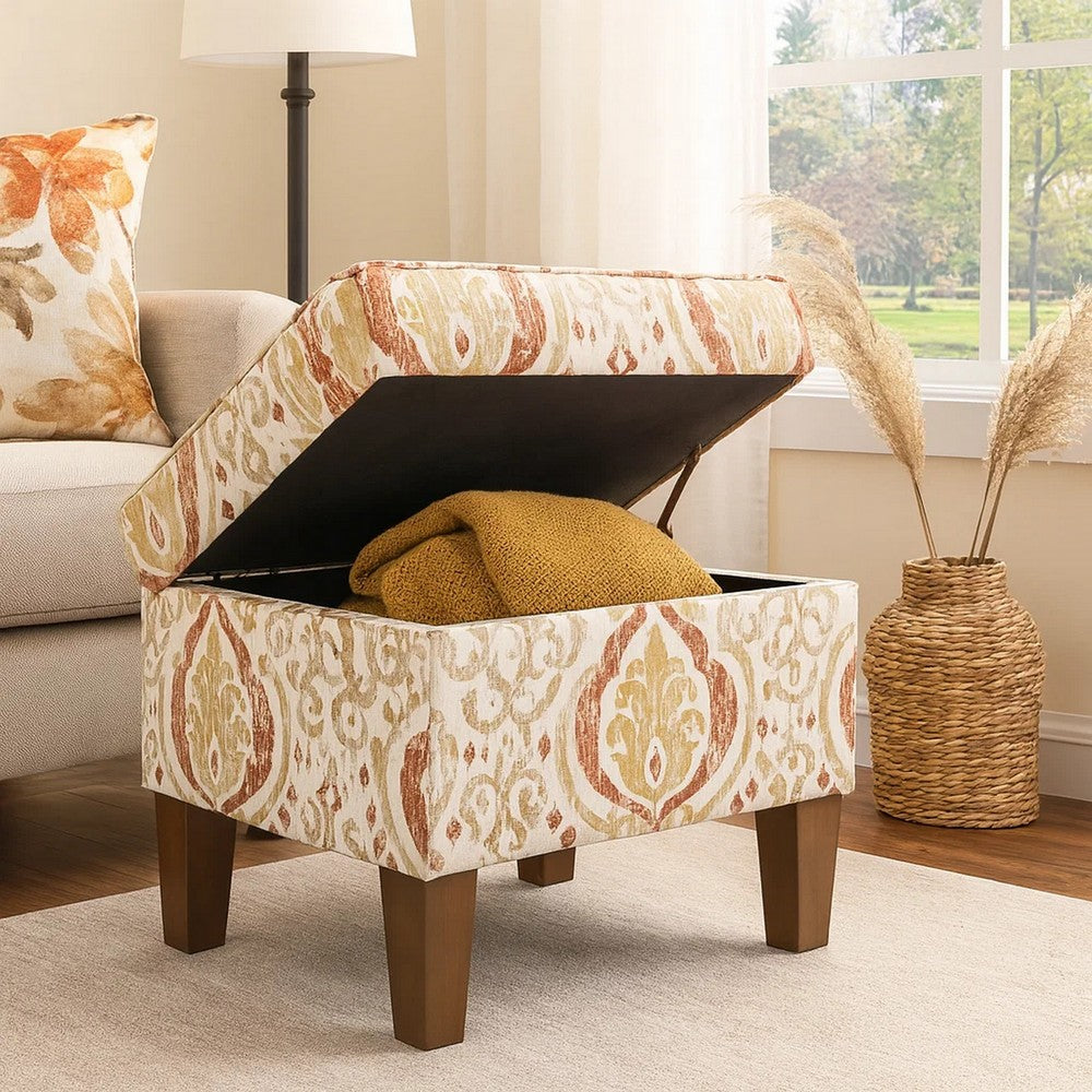 Ishi Accent Storage Ottoman | 22" Orange and Beige Paisley Design