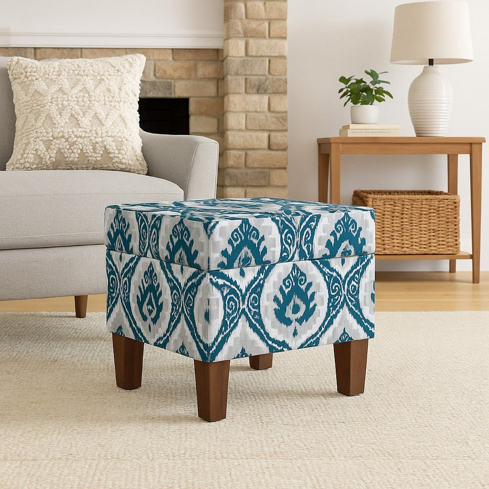 Ishi Accent Storage Ottoman | 22" Blue White Ikat Paisley Pattern