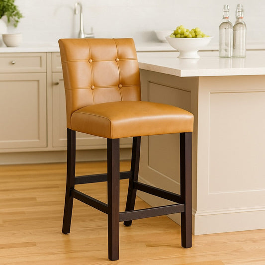 Popa Counter Stool Chair Set of 2 | Brown Faux Leather | Tufted Back