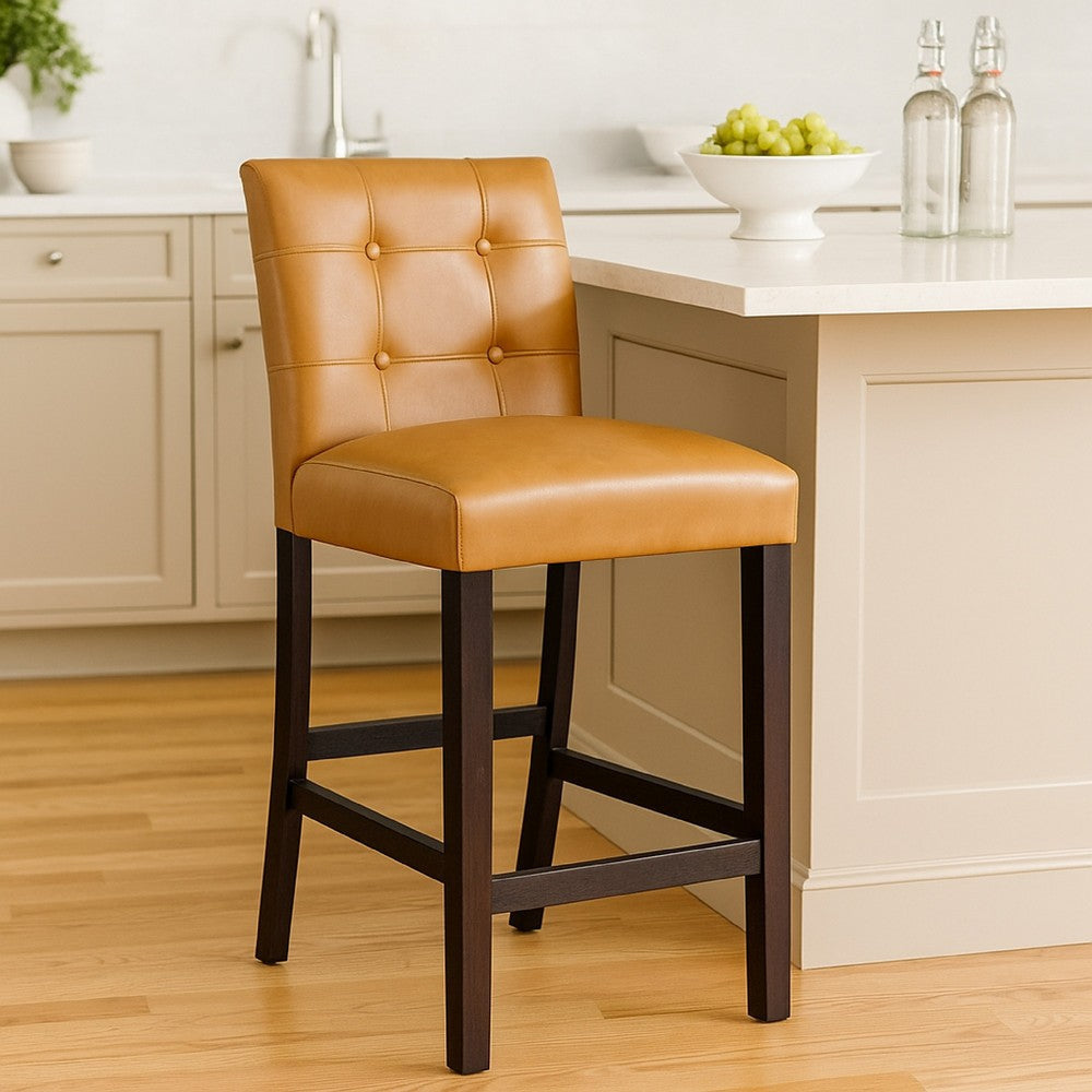 Popa Counter Stool Chair Set of 2 | Brown Faux Leather | Tufted Back