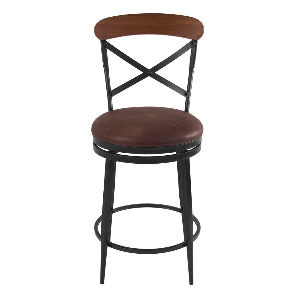 Swivel Counter Stool Chair | Industrial Black Metal Brown Faux Leather BM334453