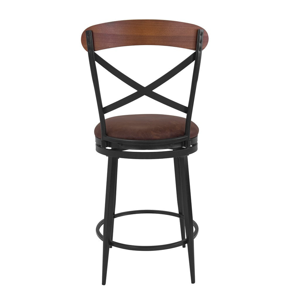 Swivel Counter Stool Chair | Industrial Black Metal Brown Faux Leather BM334453