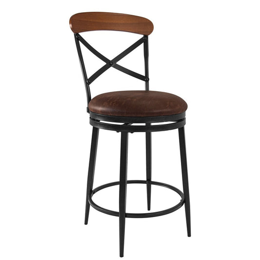 Swivel Counter Stool Chair | Industrial Black Metal Brown Faux Leather