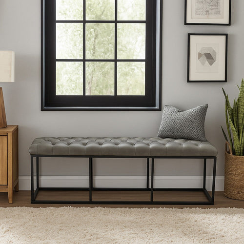 Ali Ottoman Bench | Metal Frame | Gray Button Tufted Faux Leather 52"