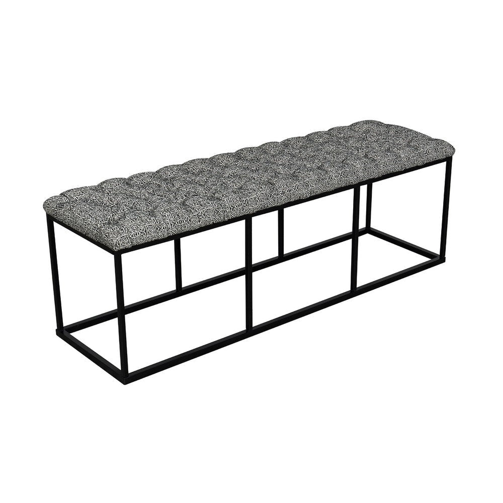 Ali Ottoman Bench | Metal Frame | Black White Button Tufted Fabric 52’’
