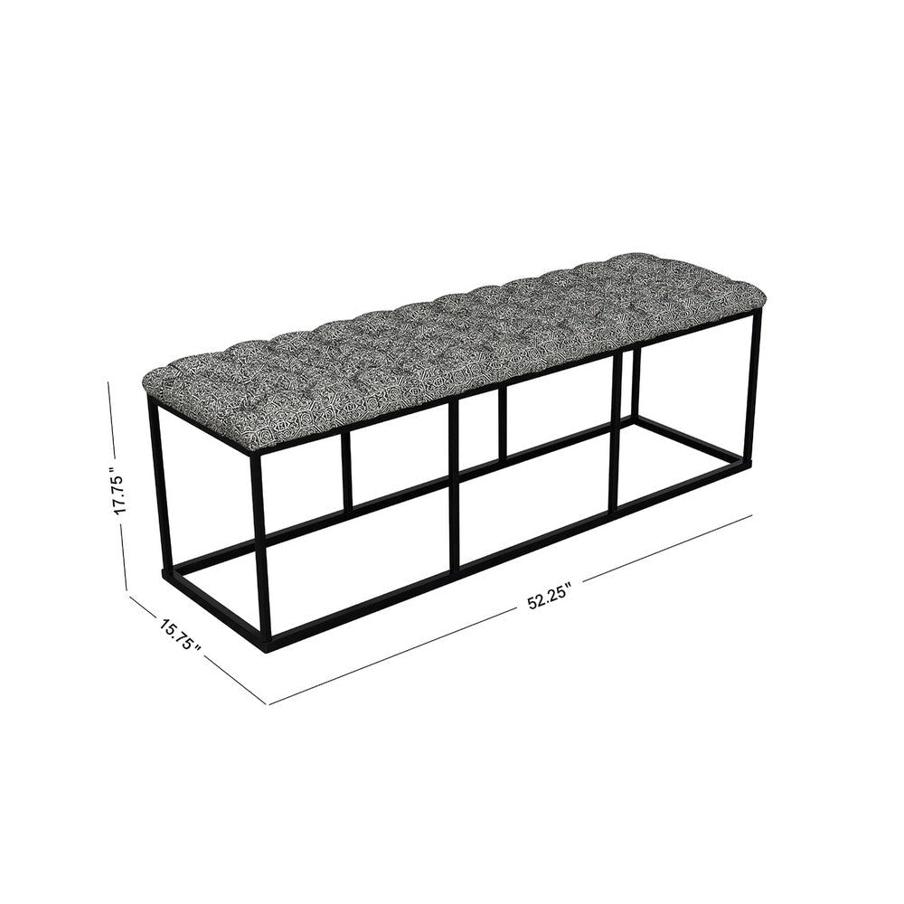 Ali Ottoman Bench | Metal Frame | Black White Button Tufted Fabric 52’’