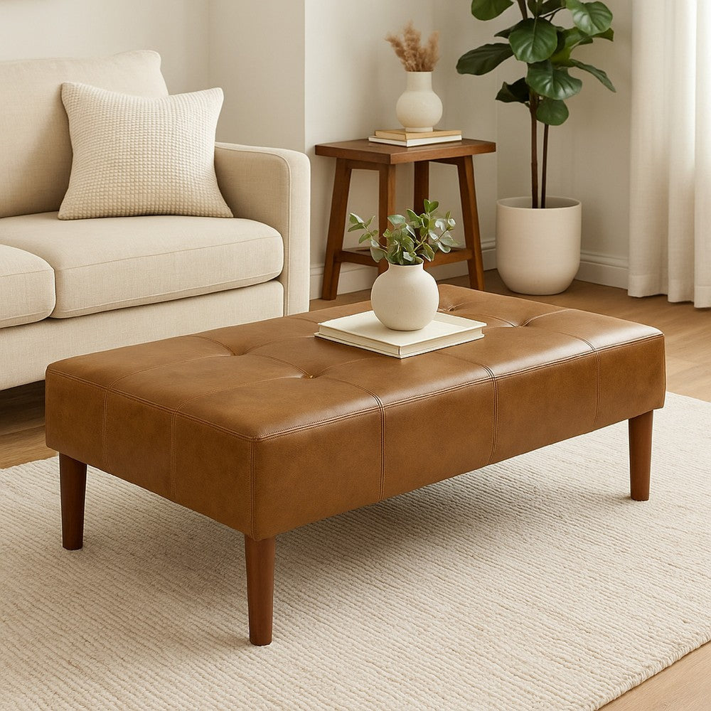 Coffee Table Ottoman | Brown Wood and Tufted Faux Leather | 46"