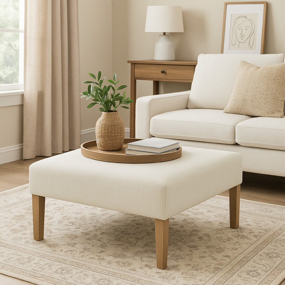 Dan Square Coffee Table Ottoman | Brown Wood | Cream Polyester 36"