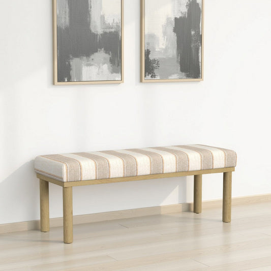 Fin Bench | Natural Brown Wood | Striped Tan Cream Polyester 48"