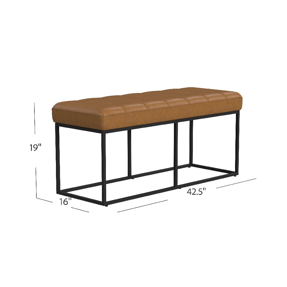 Kai Bench Open Metal Frame Brown Channel Stitch Faux Leather 43 Inch BM334469