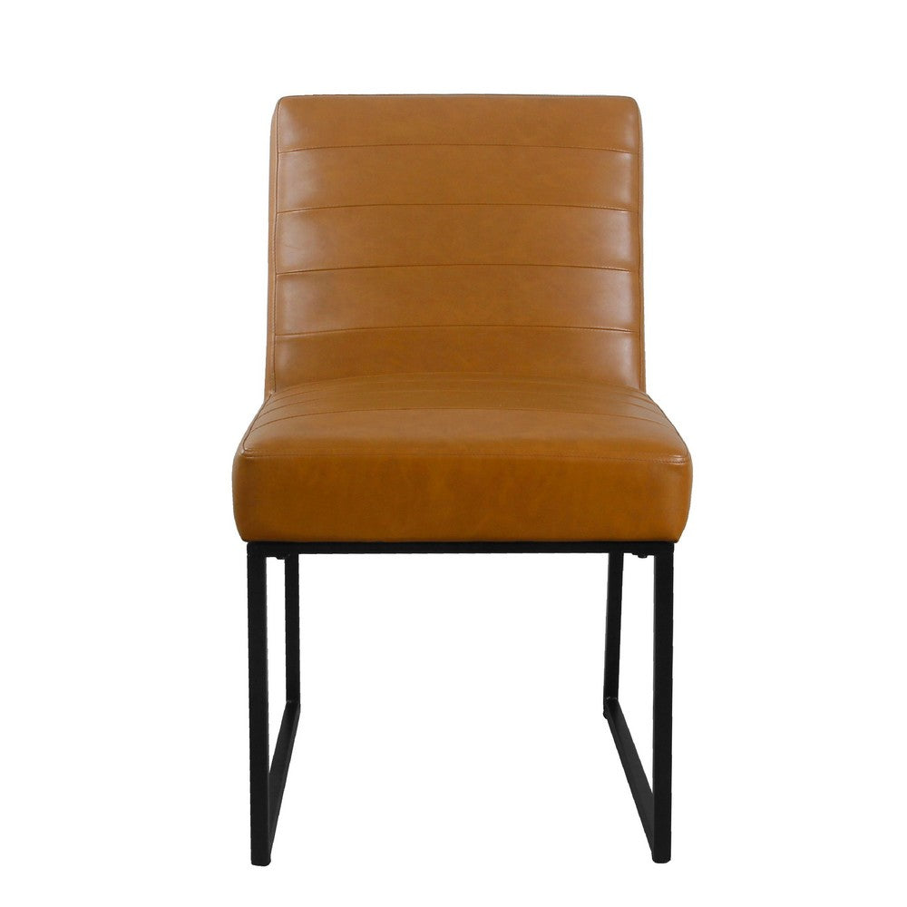 Dining Chair | Black Metal | Caramel Brown Channel Stitch Faux Leather