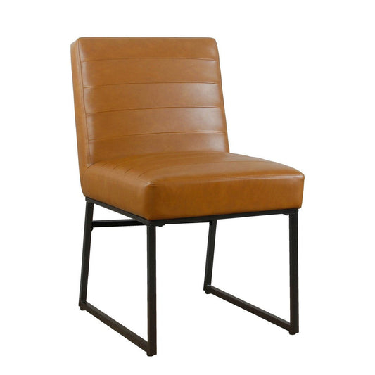 Dining Chair | Black Metal | Caramel Brown Channel Stitch Faux Leather