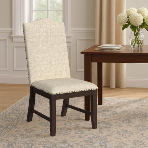Dining Chair Set of 2 | Scalloped Back | Cherry Wood | Beige Fabric