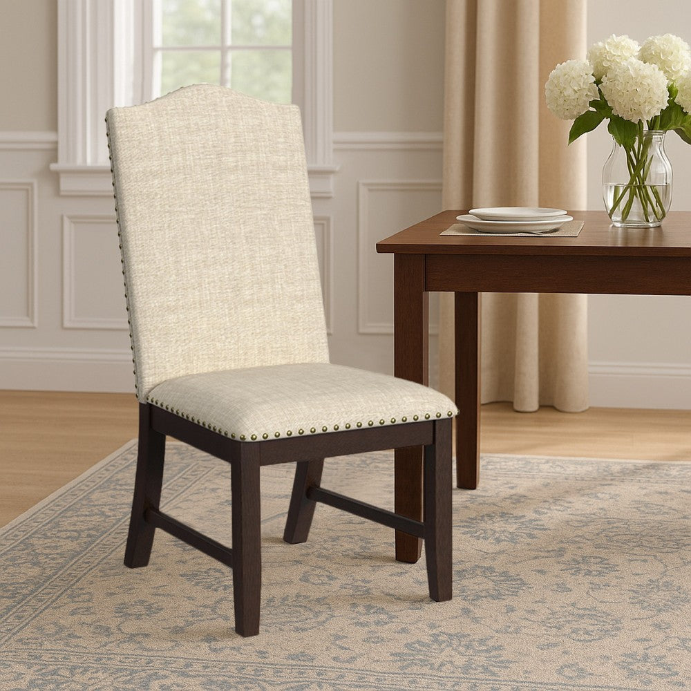 Dining Chair Set of 2 | Scalloped Back | Cherry Wood | Beige Fabric