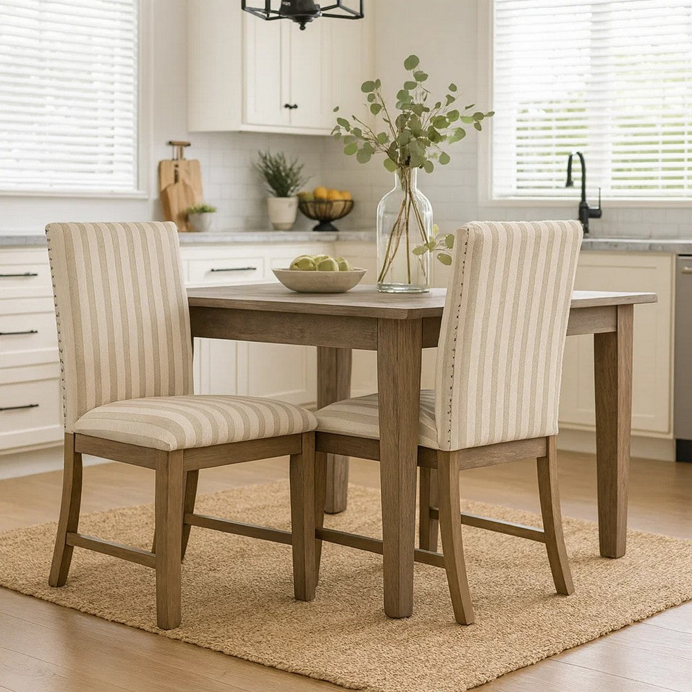 Tim Dining Chair Set of 2 | Wood Apron | Taupe Cream Striped Polyester
