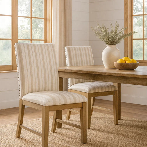 Tim Dining Chair Set of 2 | Wood Apron | Taupe Cream Striped Polyester