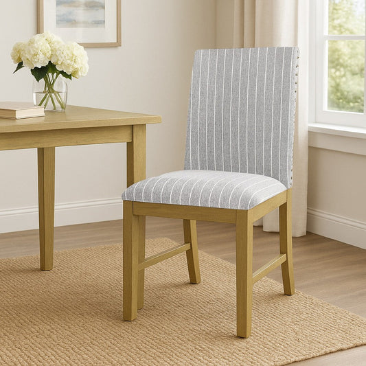 Tim Dining Chair Set of 2 | Wood Apron Frame | Gray Striped Polyester