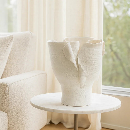 Tio Modern Vessel Vase| Flowing Petal Folds | White Porcelain 13"