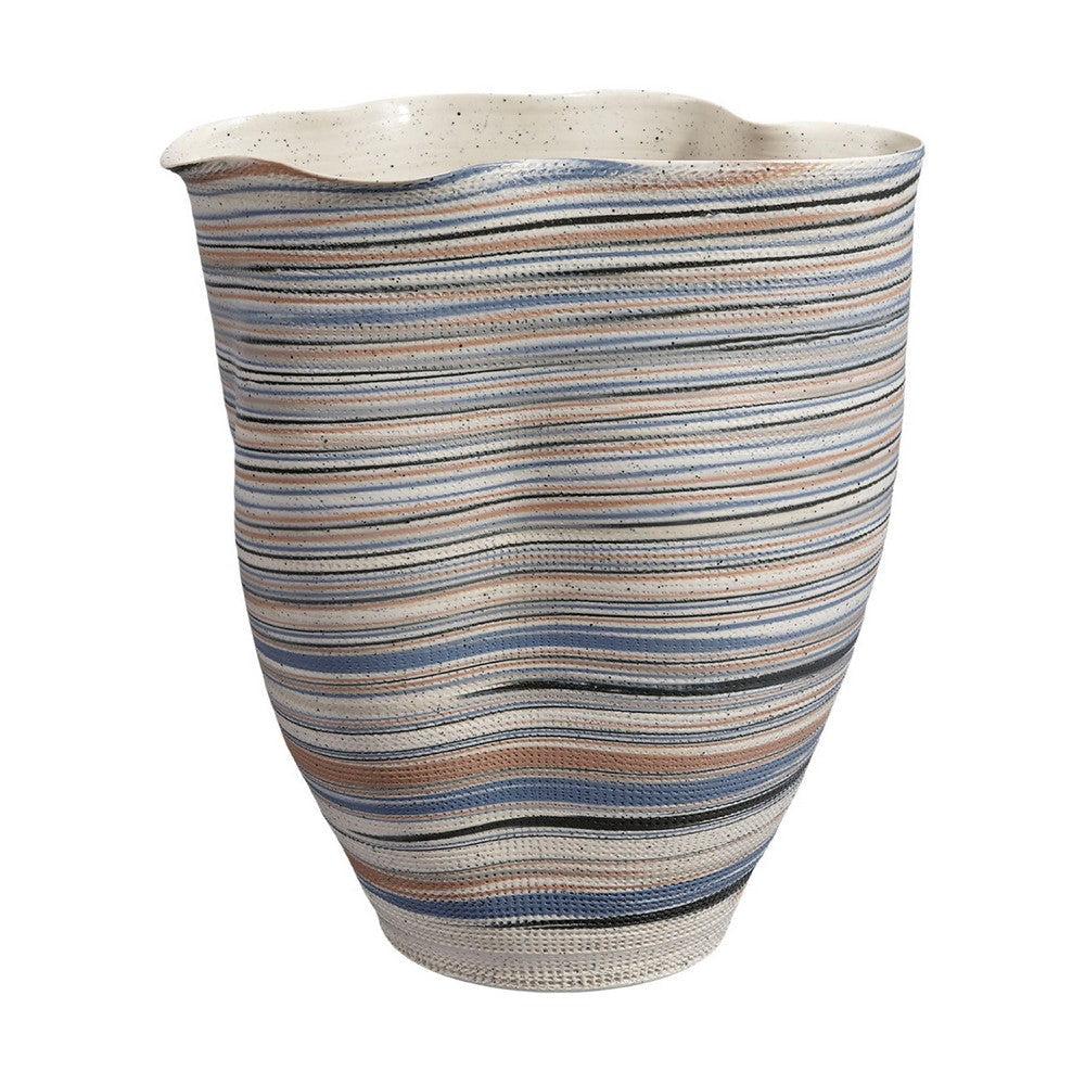 Kerya Decorative Vase | 13’’ White Blue Striped | Wavy Rim Porcelain