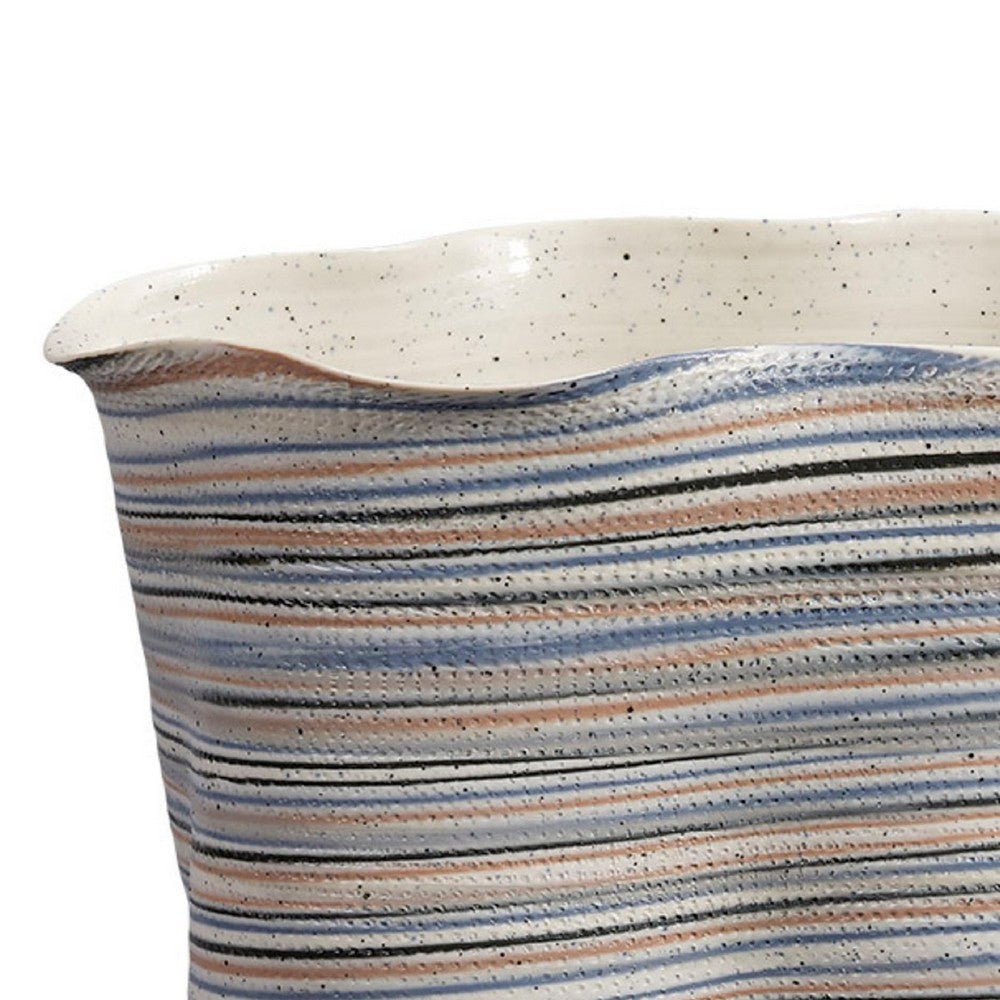 Kerya Decorative Vase | 13’’ White Blue Striped | Wavy Rim Porcelain