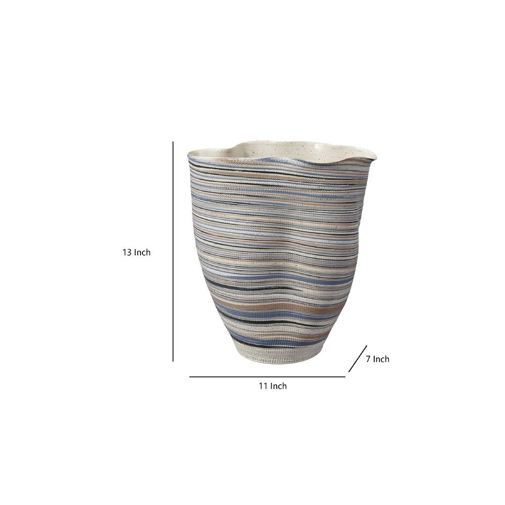 Kerya Decorative Vase | 13’’ White Blue Striped | Wavy Rim Porcelain