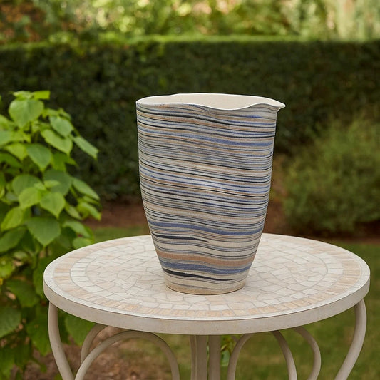 Kerya Decorative Vase | 13" White Blue Striped | Wavy Rim Porcelain
