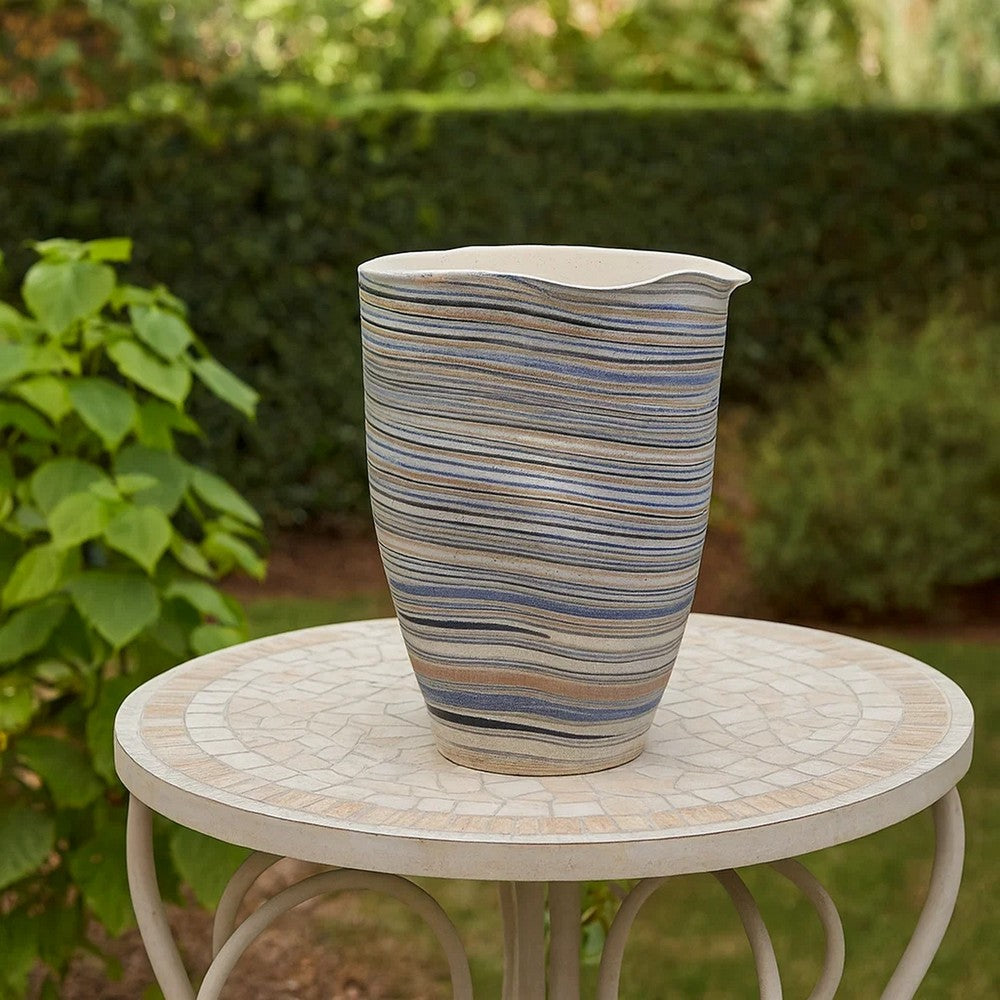 Kerya Decorative Vase | 13" White Blue Striped | Wavy Rim Porcelain