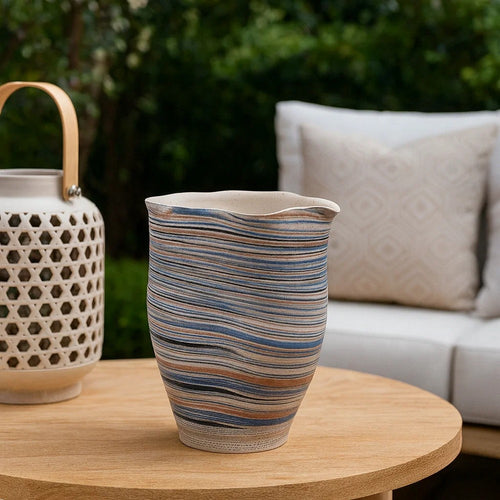 Kerya Decorative Vase | 13" White Blue Striped | Wavy Rim Porcelain
