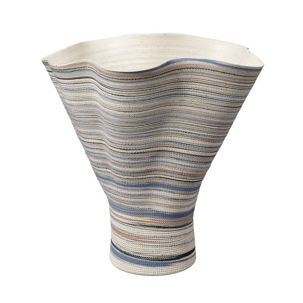 Kerya Decorative Vase | 16" White Blue Striped | Wavy Rim Porcelain