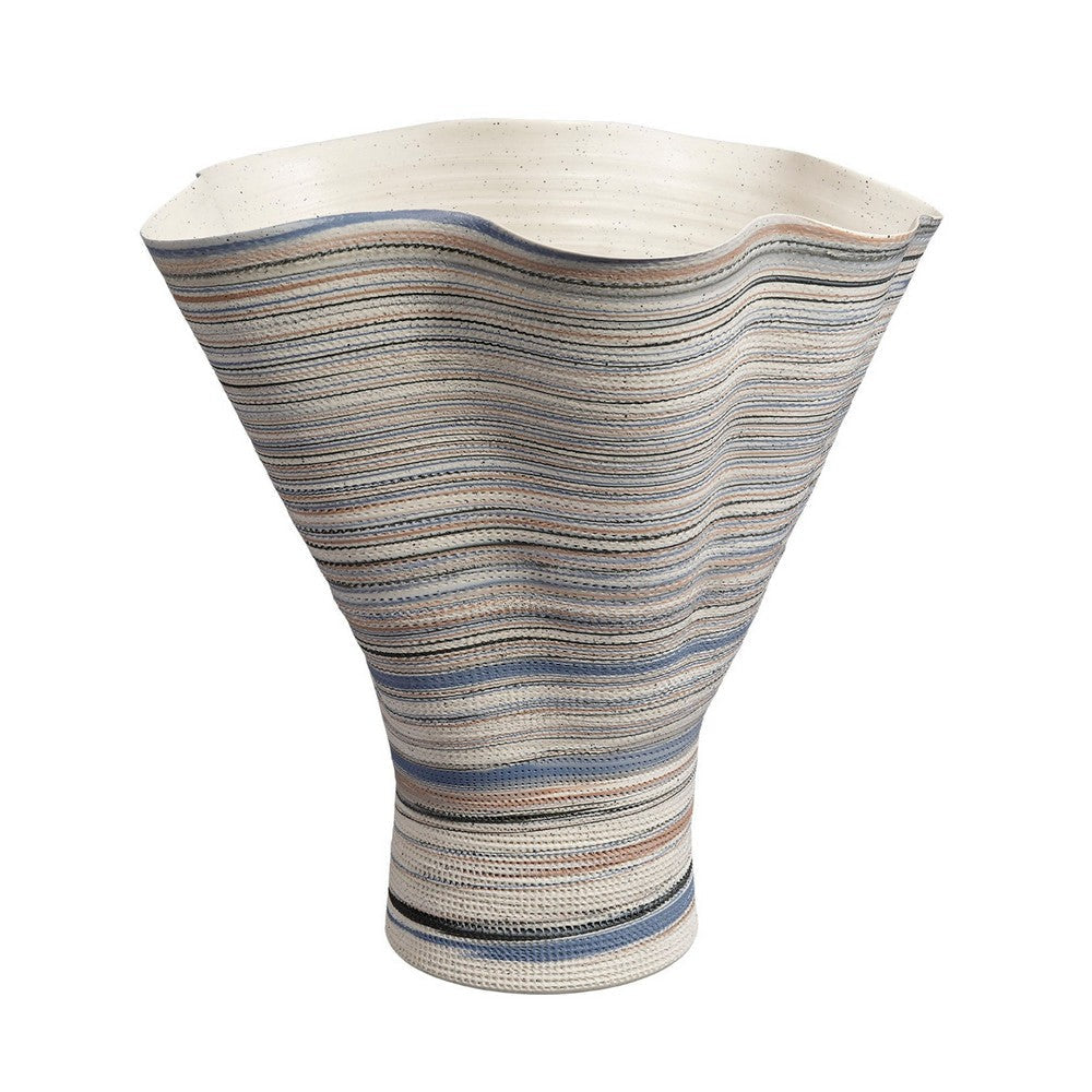 Kerya Decorative Vase | 16’’ White Blue Striped | Wavy Rim Porcelain