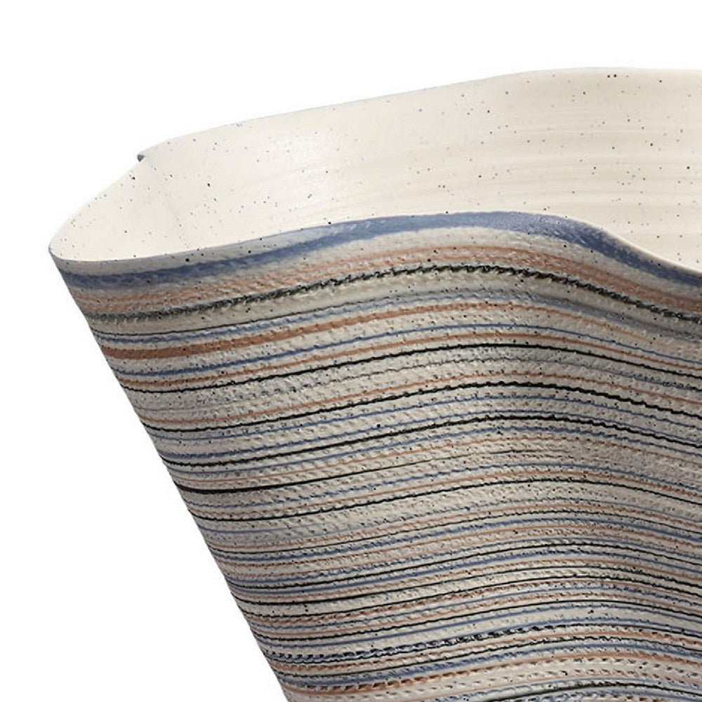 Kerya Decorative Vase | 16’’ White Blue Striped | Wavy Rim Porcelain