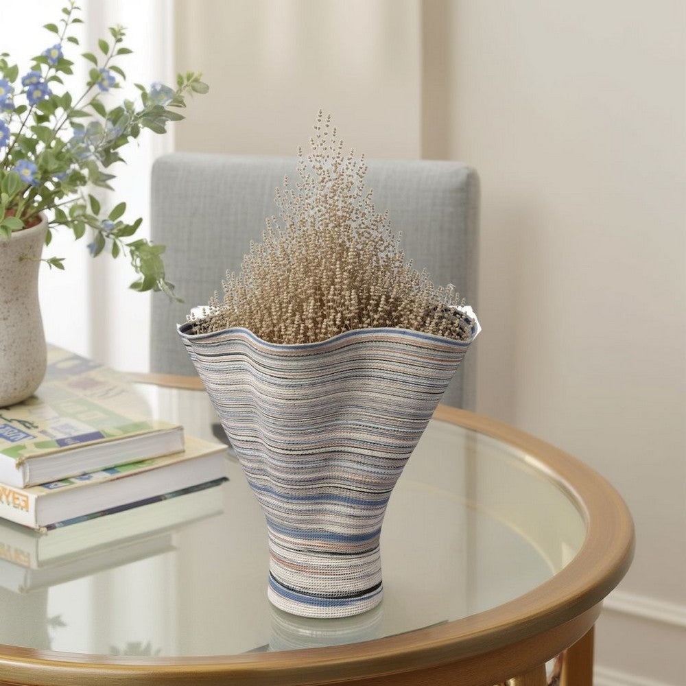 Kerya Decorative Vase | 16" White Blue Striped | Wavy Rim Porcelain
