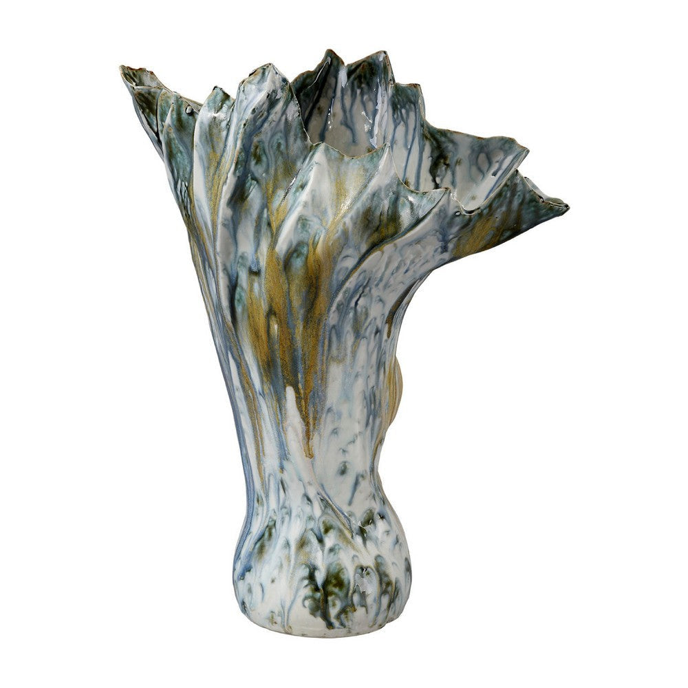 Tery Decorative Vase | 16" Glossy Blue White Ceramic | Wavy Fishtail