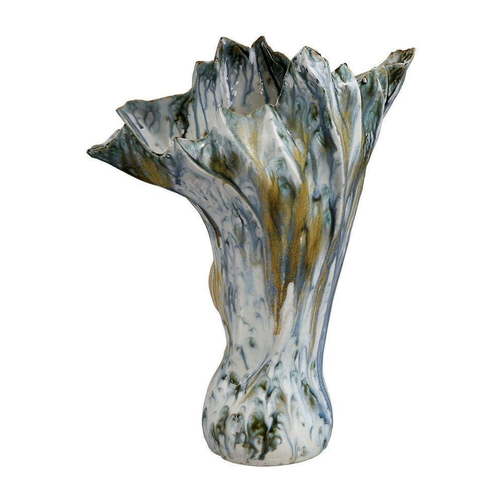 Tery Decorative Vase | 16’’ Glossy Blue White Ceramic | Wavy Fishtail BM334527