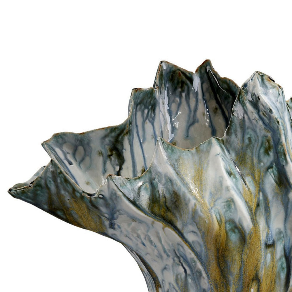 Tery Decorative Vase | 16’’ Glossy Blue White Ceramic | Wavy Fishtail BM334527