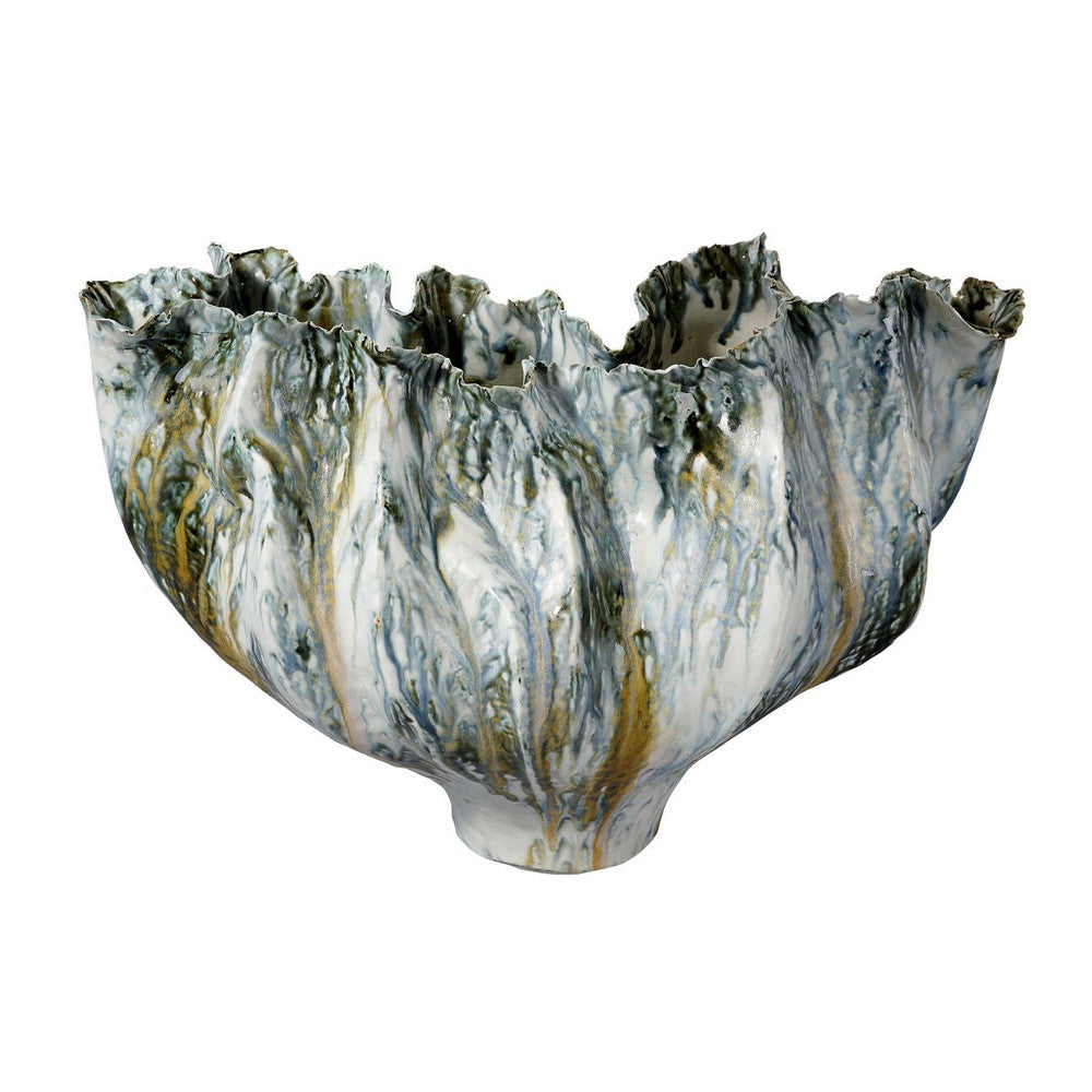 Tery Decorative Vase | Wavy Fishtail | 16" Glossy Blue White Ceramic