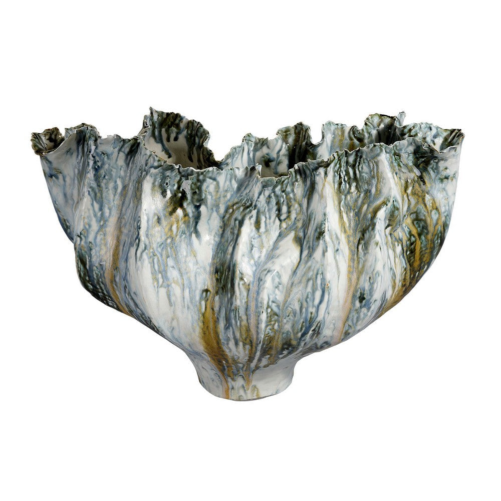 Tery Decorative Vase | Wavy Fishtail | 16’’ Glossy Blue White Ceramic BM334528