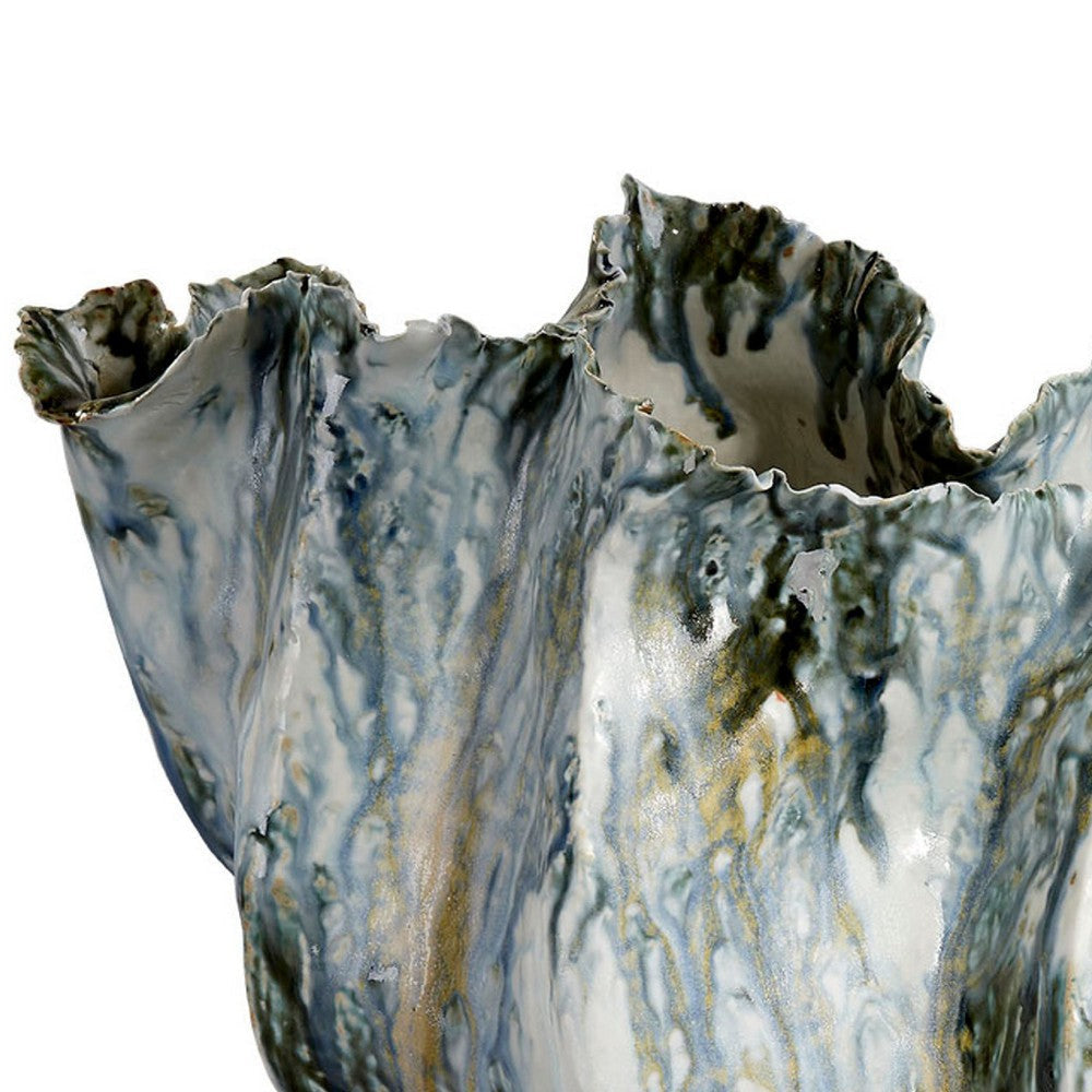 Tery Decorative Vase | Wavy Fishtail | 16’’ Glossy Blue White Ceramic BM334528