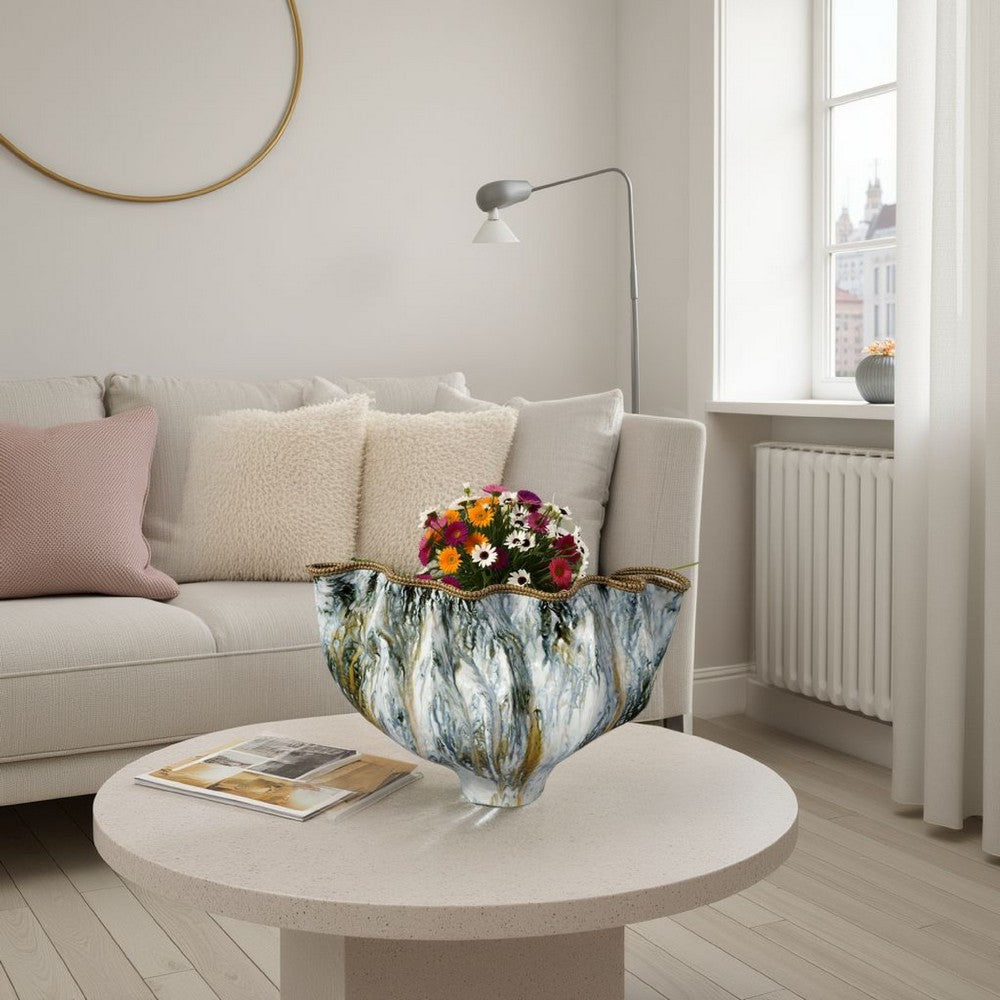 Tery Decorative Vase | Wavy Fishtail | 16" Glossy Blue White Ceramic