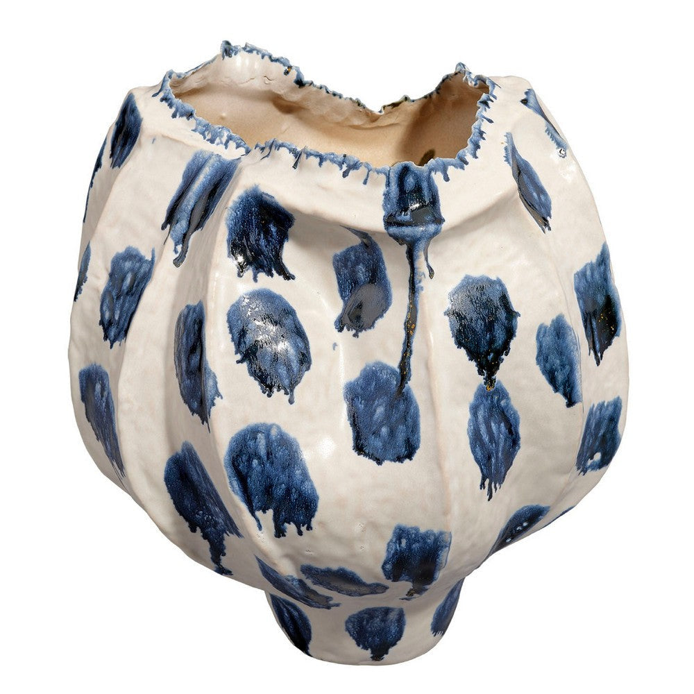 Nery Decorative Vase | Ruffled Edge | Blue White Patchwork Ceramic BM334529