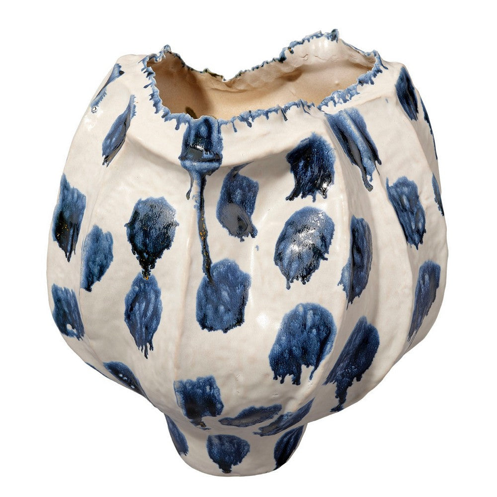 Nery Decorative Vase | Ruffled Edge | Blue White Patchwork Ceramic