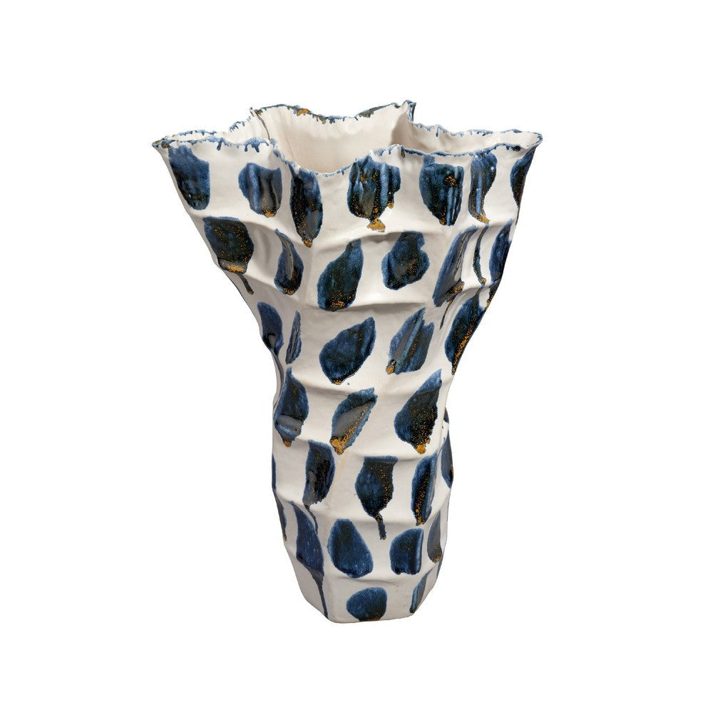 Nery Decorative Vase | Blue White Patchwork Ceramic | Ruffled Edge BM334530