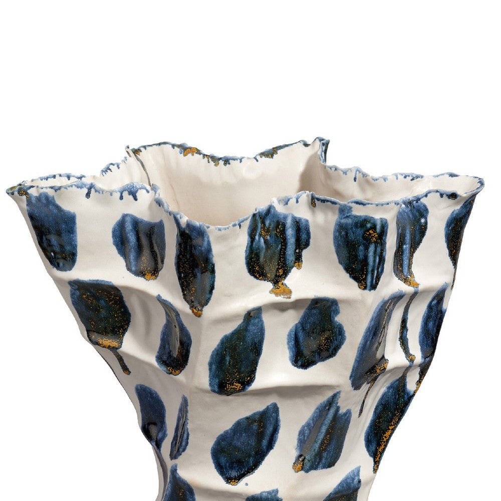 Nery Decorative Vase | Blue White Patchwork Ceramic | Ruffled Edge BM334530