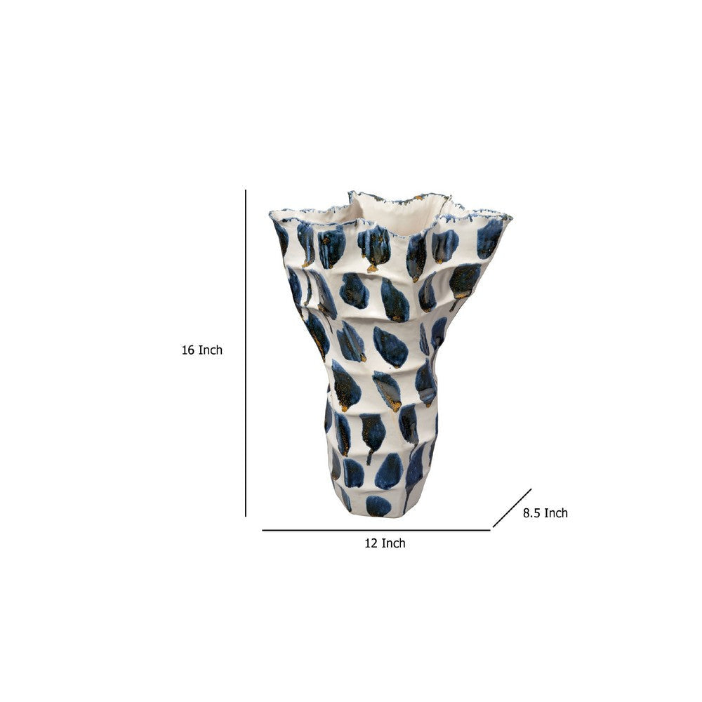 Nery Decorative Vase | Blue White Patchwork Ceramic | Ruffled Edge BM334530