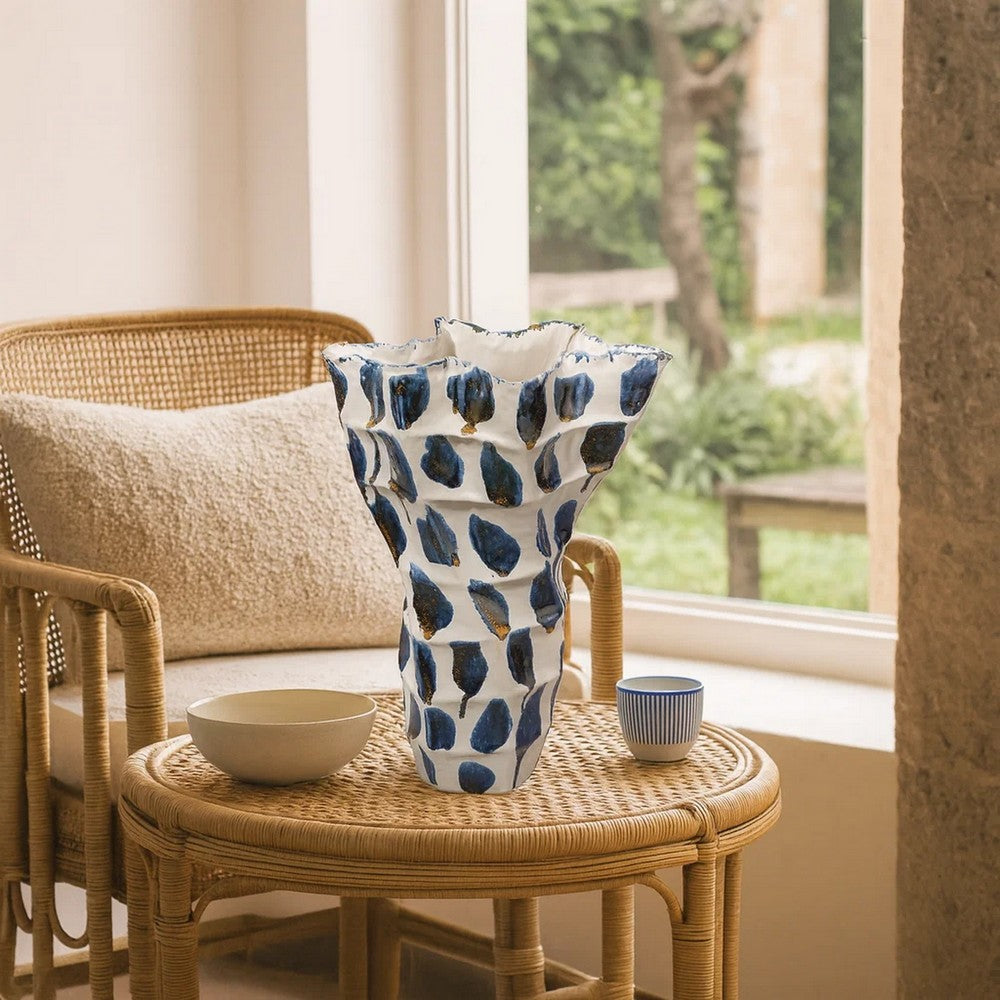 Nery Decorative Vase | Blue White Patchwork Ceramic | Ruffled Edge