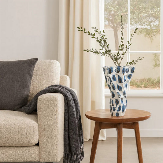 Nery Decorative Vase | Blue White Patchwork Ceramic | Ruffled Edge