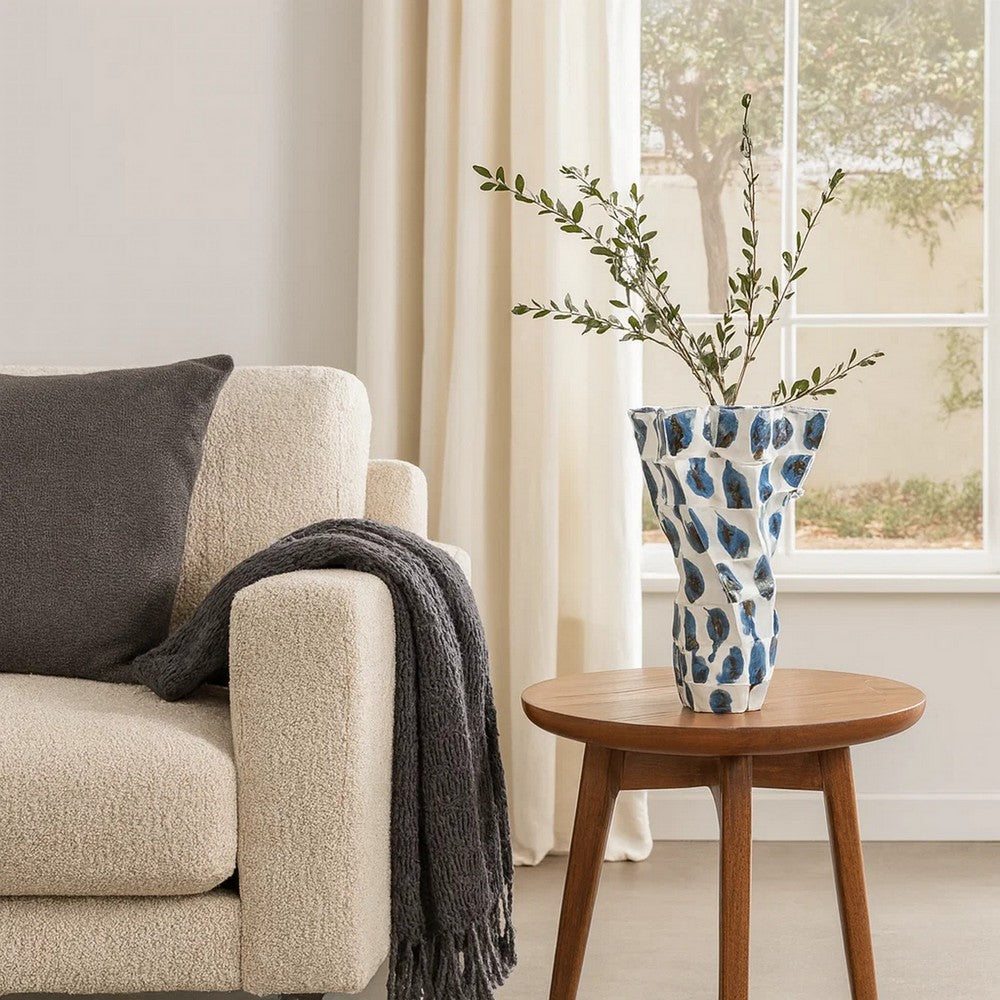 Nery Decorative Vase | Blue White Patchwork Ceramic | Ruffled Edge