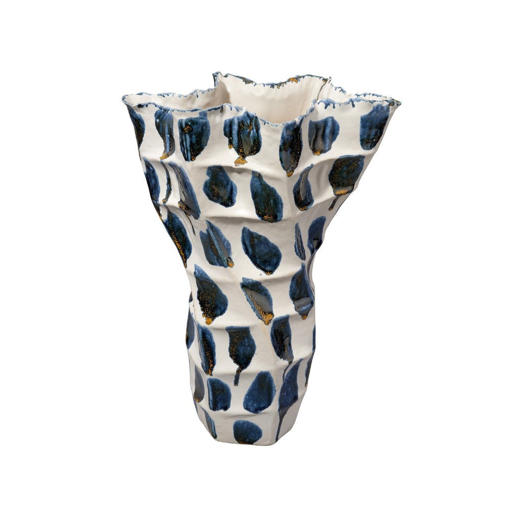 Nery Decorative Vase | Blue White Patchwork Ceramic | Ruffled Edge