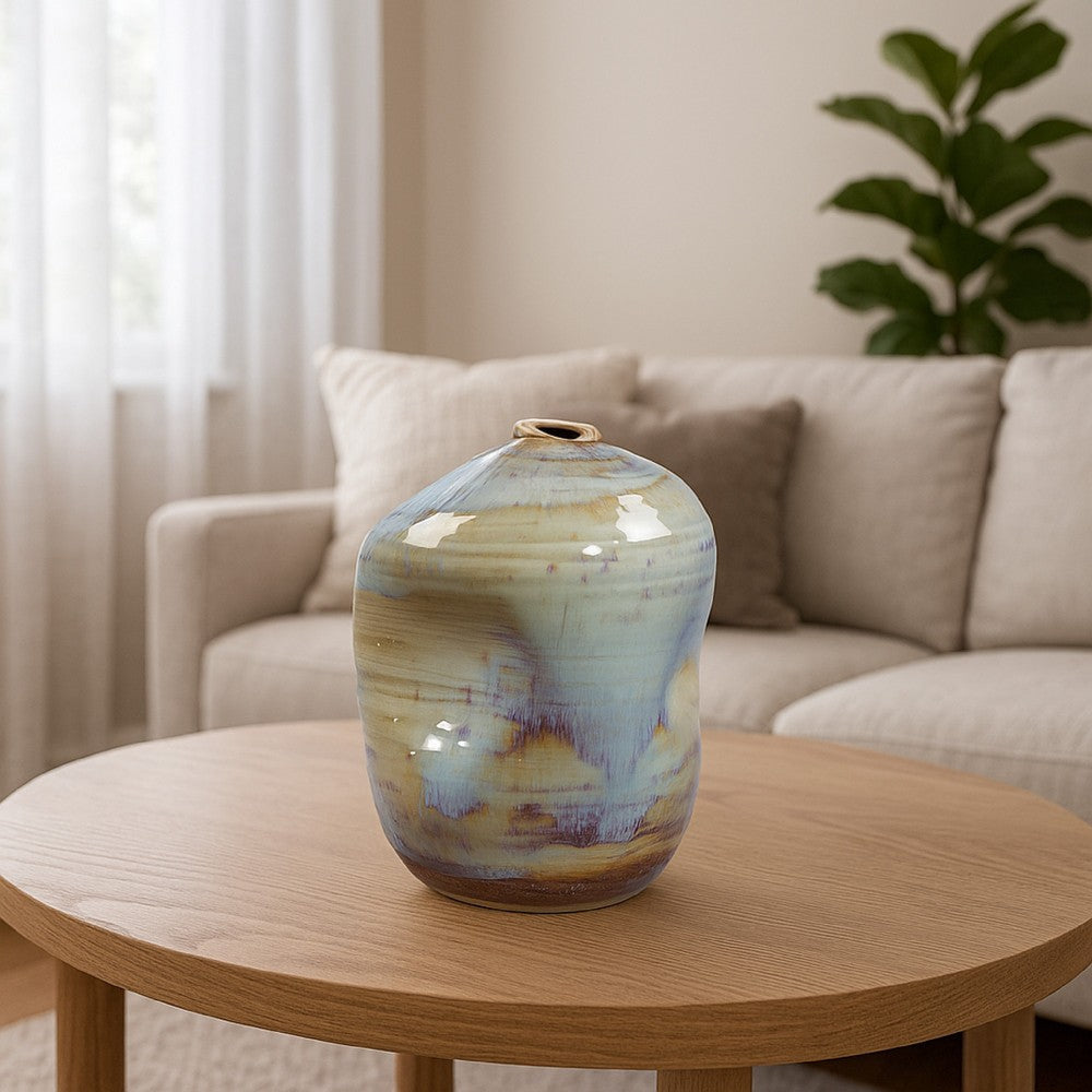 Noah Decorative Vase | Irregular Shape | Glossy Blue Ceramic 13"