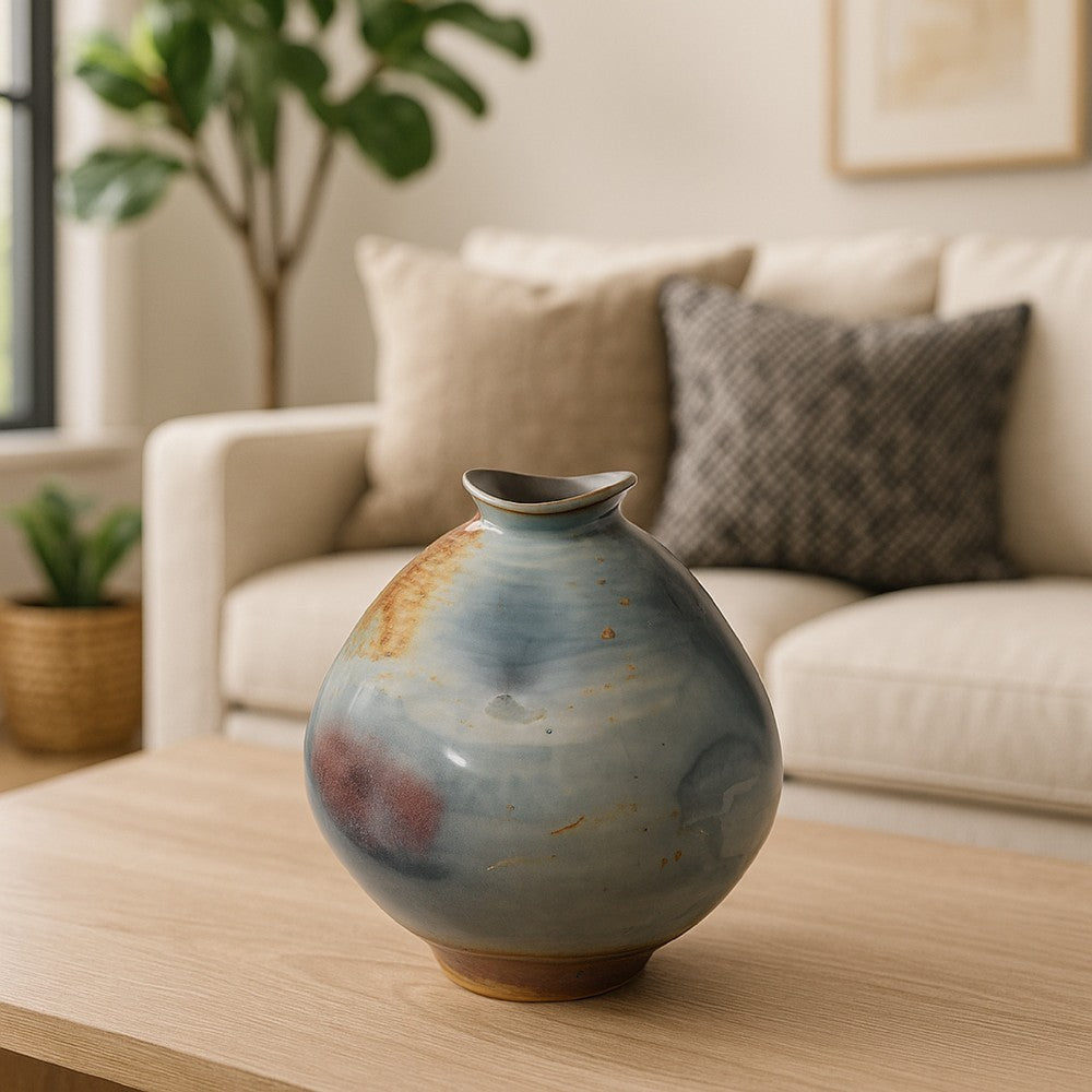 Noah Decorative Vase | Irregular Tall Shape Glossy Blue Ceramic 11"